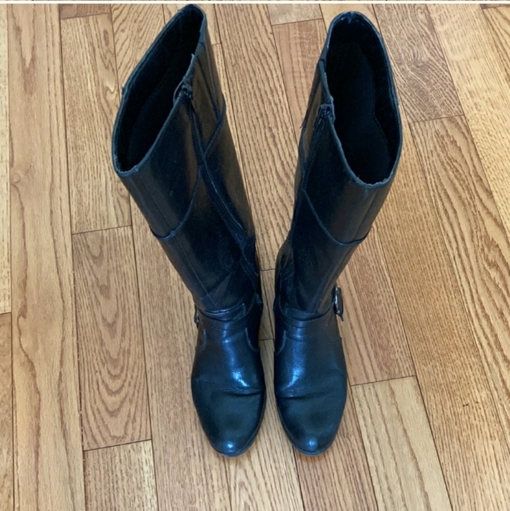 Tall Boots, Black, Harness detail, 2" heel, 8W, Very Good Condition! Fall Boots - Picture 1 of 6